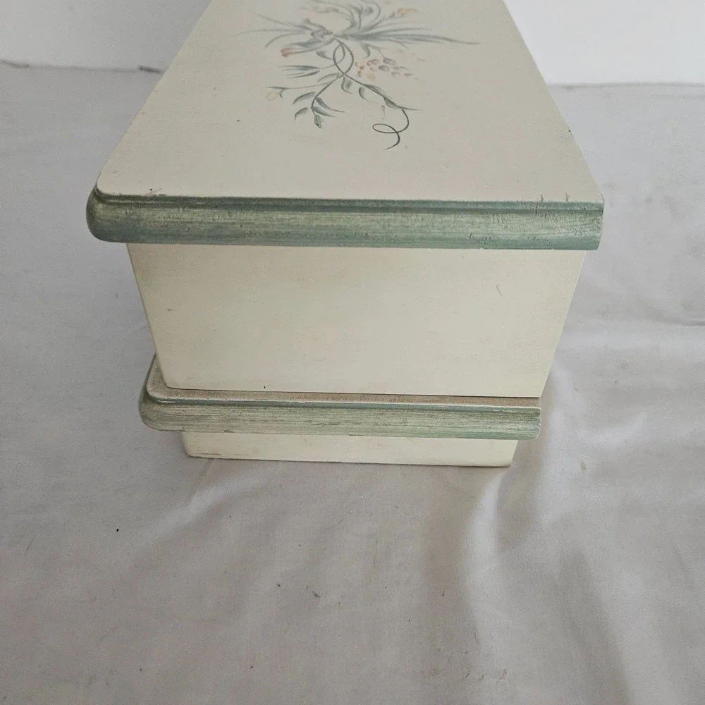Vintage Floral Wood Jewelry Box Cream Green Hand Painted Mirror Removable Tray